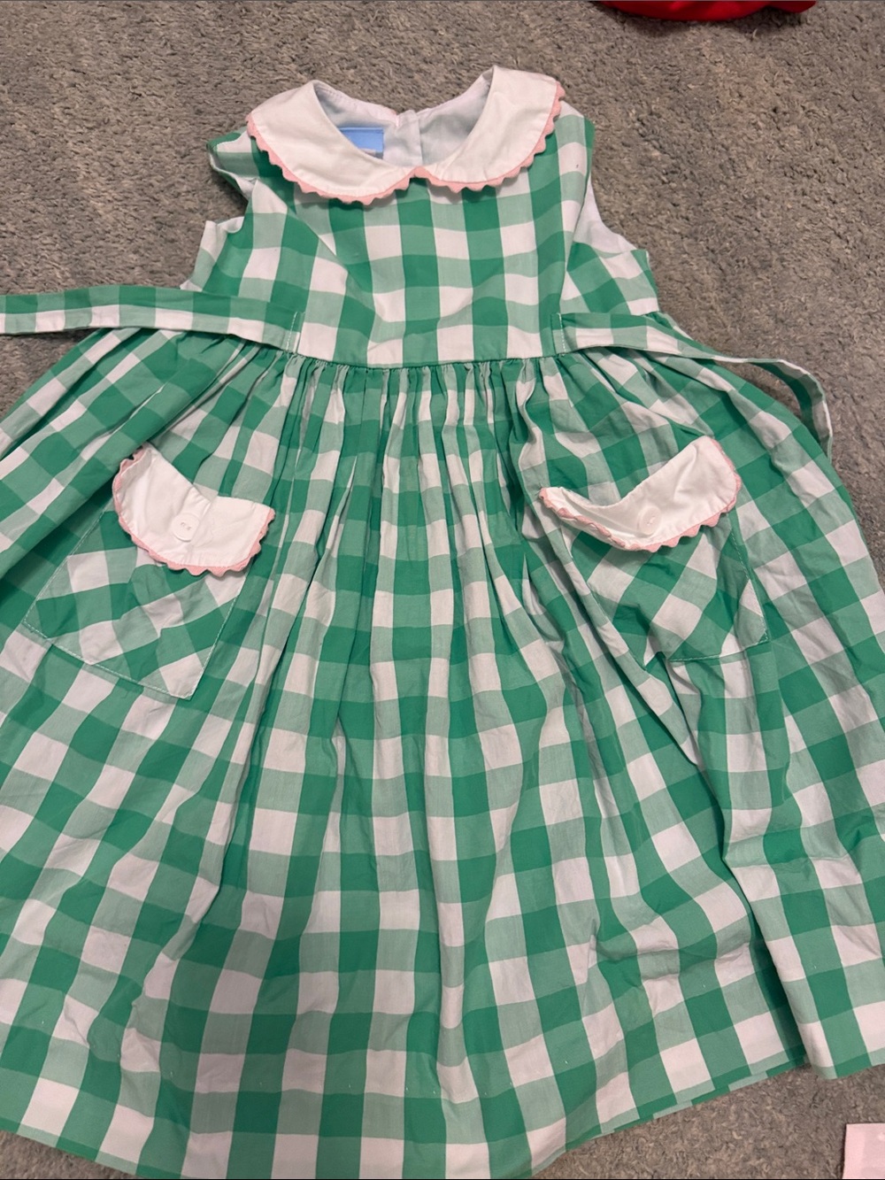 bella bliss Green and White Gingham Dress with Pink Trim